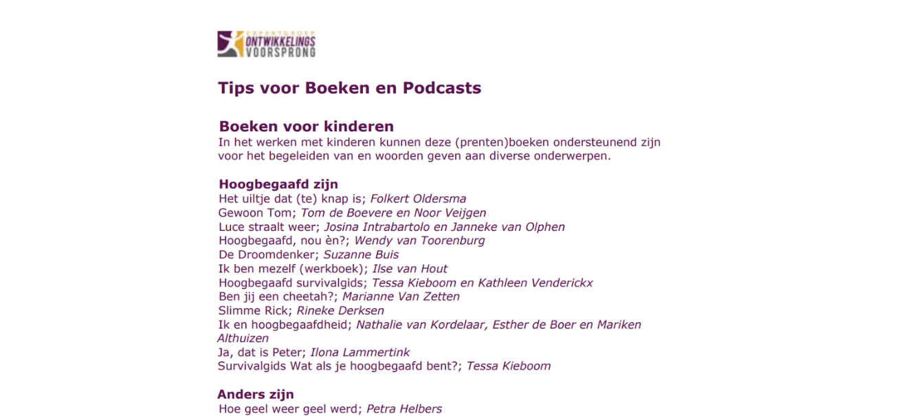 Tips voor boeken en podcasts Expert groep ontwikkelingsvoorsprong